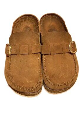 Birkenstock Tan Suede Slip-Ons with Gold Accents